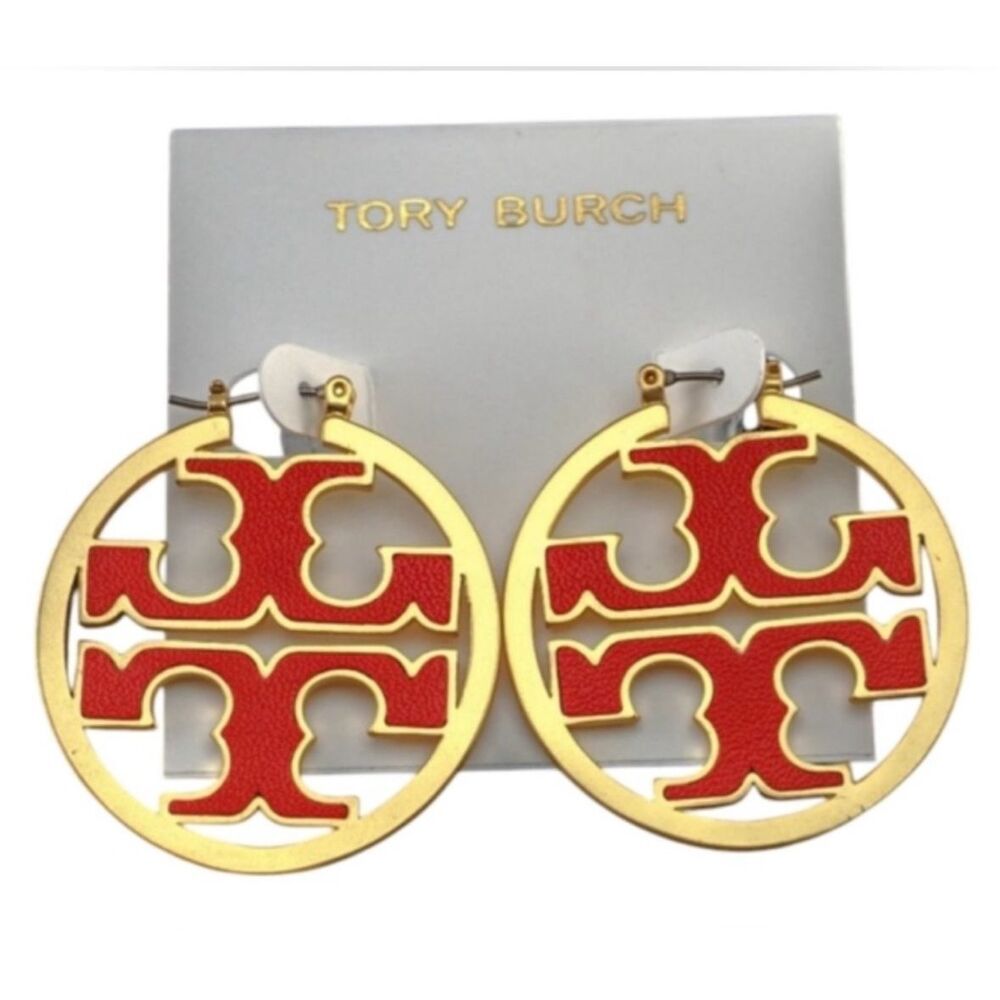 Tory Burch NEW Miler Logo Red/ Gold Hoop Earrings